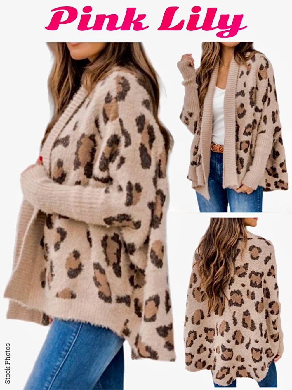 Pink Lily Leopard Open Front Cardigan Dolman Sleeves Relaxed Fit Soft & Cozy (S)